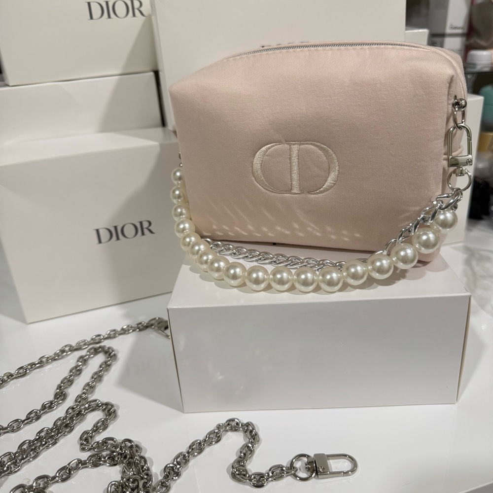Dior Pink Cosmetic Bag with Pearl Chain